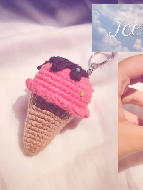 Pink crochet ice-cream cone keychain