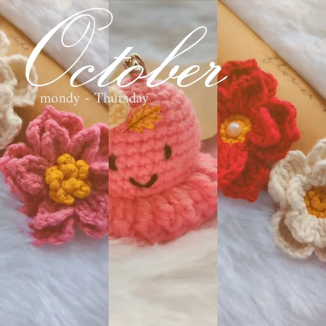 Crochet flowers in pink, red and cream